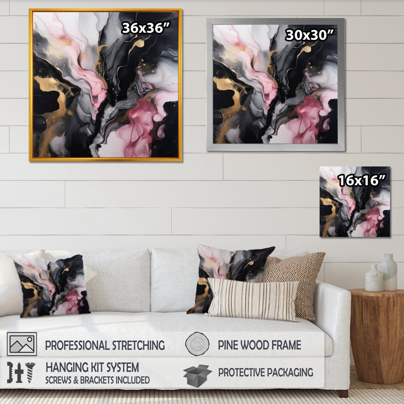 Art abstrait sur toile marbrée abstraite, impression fluide or noir - Marbre noir or Splash II, H 30 po x l 30 po x P 1 po