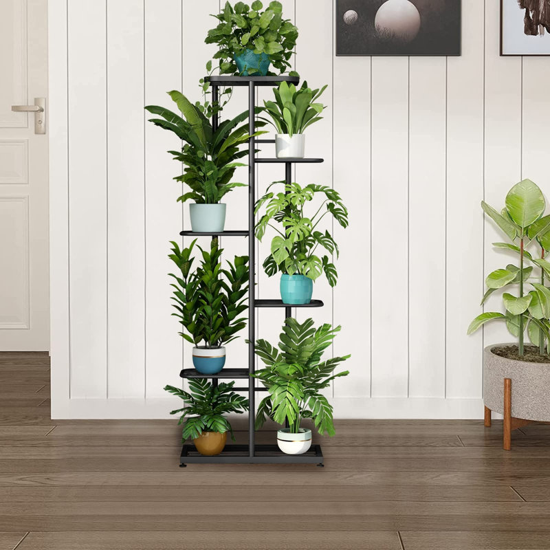 Support à plantes en métal à 6 niveaux, présentoir peu encombrant pour pots de fleurs, pouvant contenir 7 plantes d'intérieur et d'extérieur.