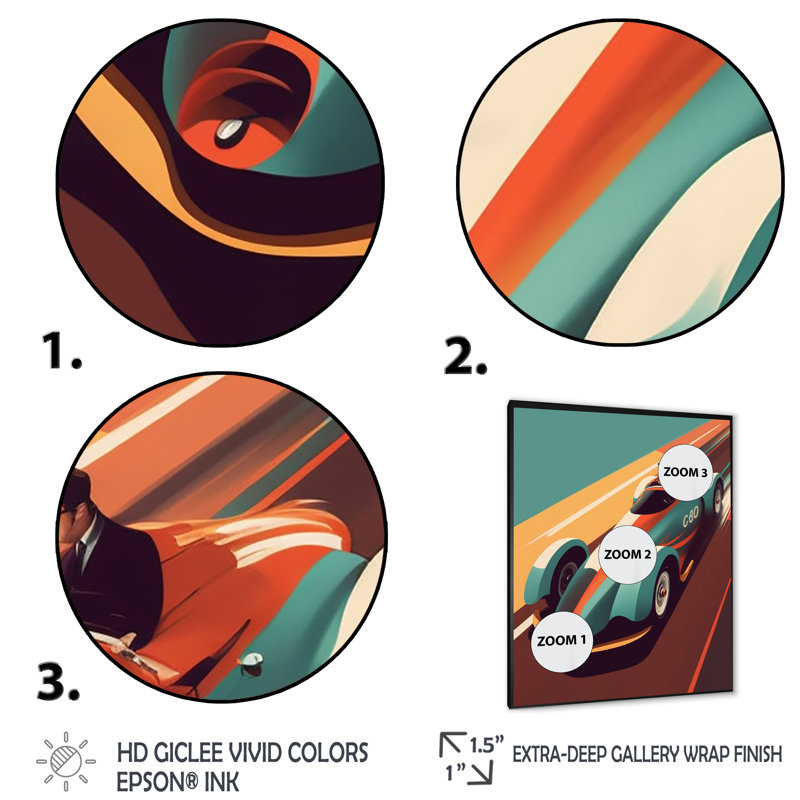 Voiture de course rétro bleue - reproduction sur toile, Toile avec cadre photo noir, H 20 po x l 12 po x P 1 po