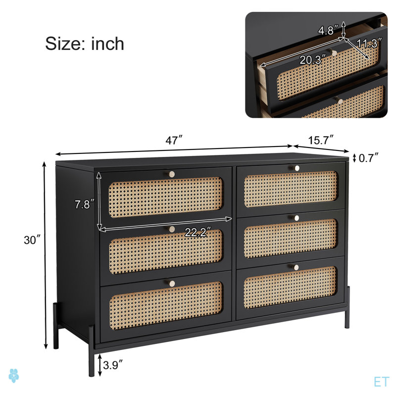 Armoire de rangement moderne en rotin à 6 tiroirs avec commode moderne pour chambre à coucher, salon, entrée et couloir