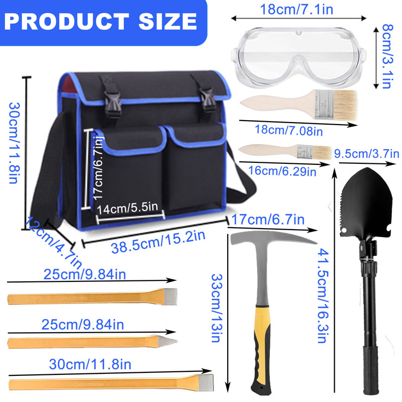 Ensemble de marteau de 15 pièces pour la chasse à la roche, marteau de 33 oz avec 3 ciseaux à creuser, lunettes de sécurité, sifflet, loupe pour bijoux, pince à épiler, broche multifonction pour la chasse à la roche, mine d'or, bris de pierre
