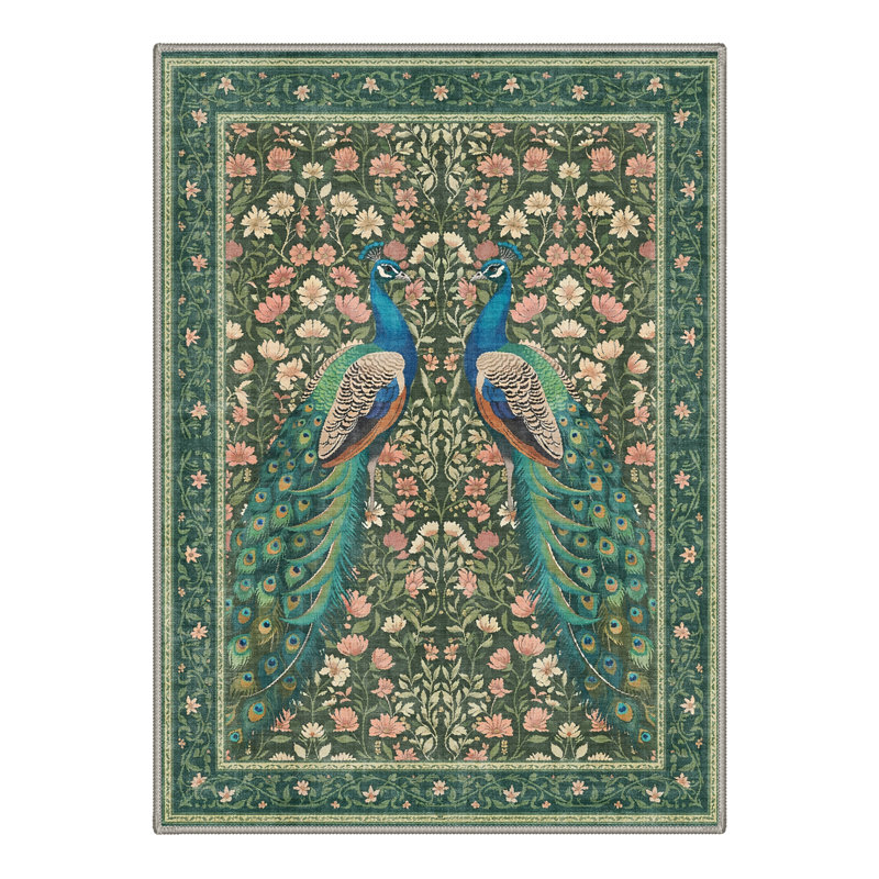 Peafowl Collection Vintage Machine Green Indoor Area Rug with Non-Slip Backing, Round 5'