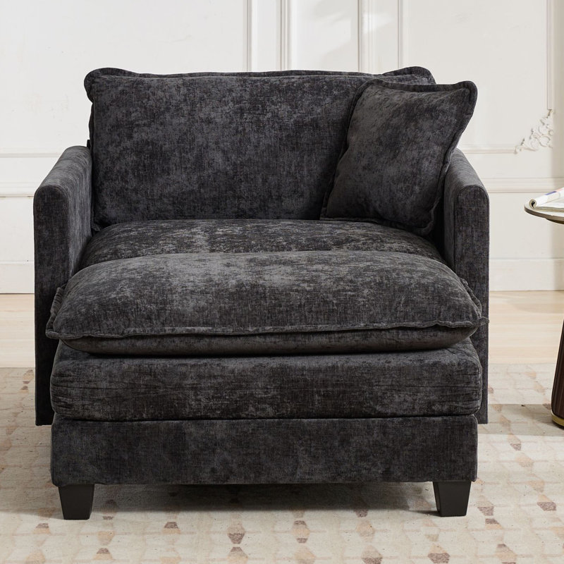 Fauteuil d'appoint surdimensionné en chenille de nuage avec repose-pieds Schmucker, Noir
