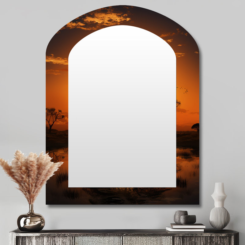 African Tree Harmony II - Tree Asymmetrical Mirror, Blue Arch Decorative Wall Mirror, Printed Metal Art, 43'' x 33''
