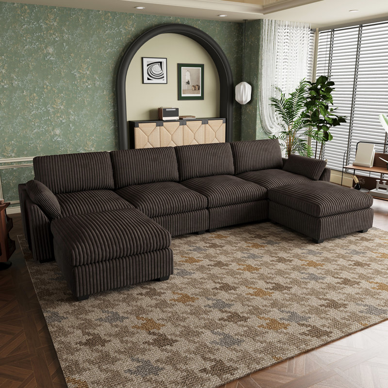 Plush Wide Corduroy Modular Sectional Sofa With Ottomans, L U Shaped Livingroom Sofa, Brown Corduroy