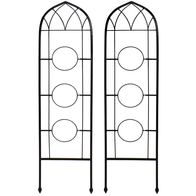 Black Steel Arched Garden Trellis with Flowerpot Supports, Set of 2