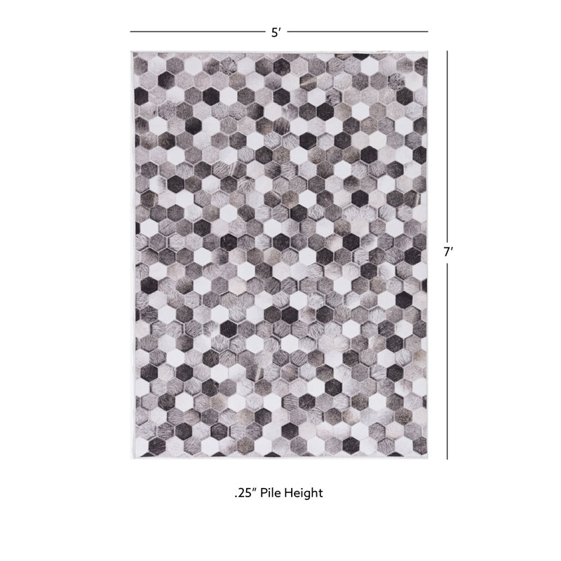 Jameown Patchwork Faux Cowhide Gray/Black Printed Area Rug, Rectangle 5' x 7'