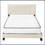 Lit, grand lit, tapissier, aspect lin beige, pieds en bois noir, transitionnel