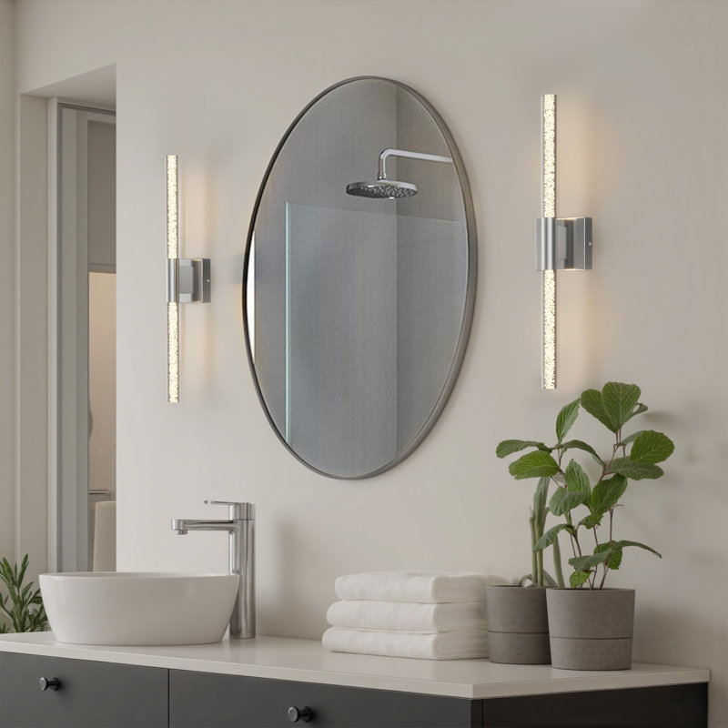 24''H Dimmable Led Iron Nickel Wall Sconce with Seeded Tempered Glass, Polished Nickel