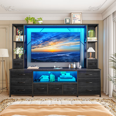 Wall-mounted 78.6"w Entertainment Center Tv Stand With 11 Fabric Drawers, Led Lighting & Built-in Outlets - Open Shelves For Living Room & Bedroom