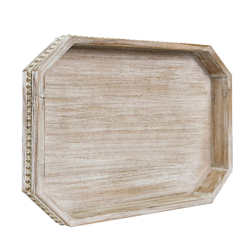 Rustic White Washed Wooden Decorative Tray with Wood Bead, 16.5" x 13" x 1.6" Farmhouse Serving Tray for Ottoman, Countertop & Coffee Table