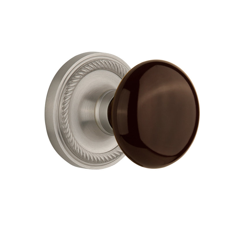 Rope Rosette with Brown Porcelain Door Knob, Satin Nickel
