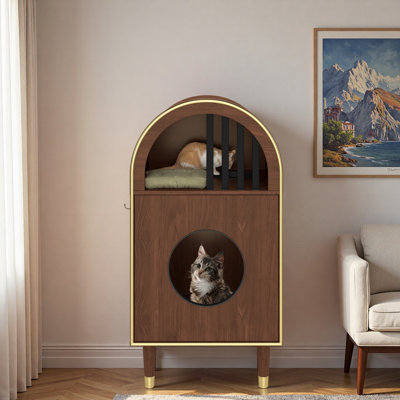 Enceinte de litière pour chat avec 2 niveaux de retraite confortable, 3 crochets et pieds en bois