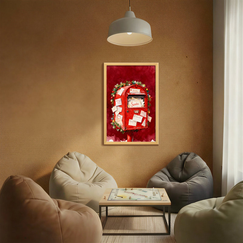 Boîte aux lettres de Noël rouge avec lettres et couronne de Noël, H 36 po x l 24 po
