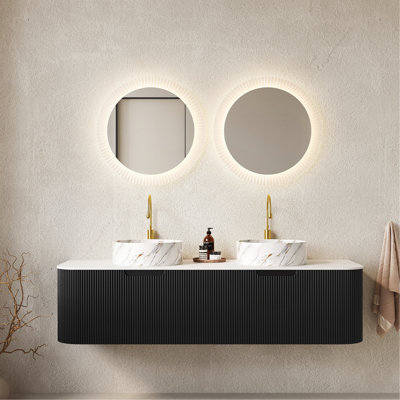 60" Bathroom Vanity With Sinks, Wall-Mounted Curved Edges Striped Bathroom Storage Cabinet With 2 Drawers, 2 White Ceramic Basins With Stone Pattern, NO Faucet, Pre-Assembled, Black Color