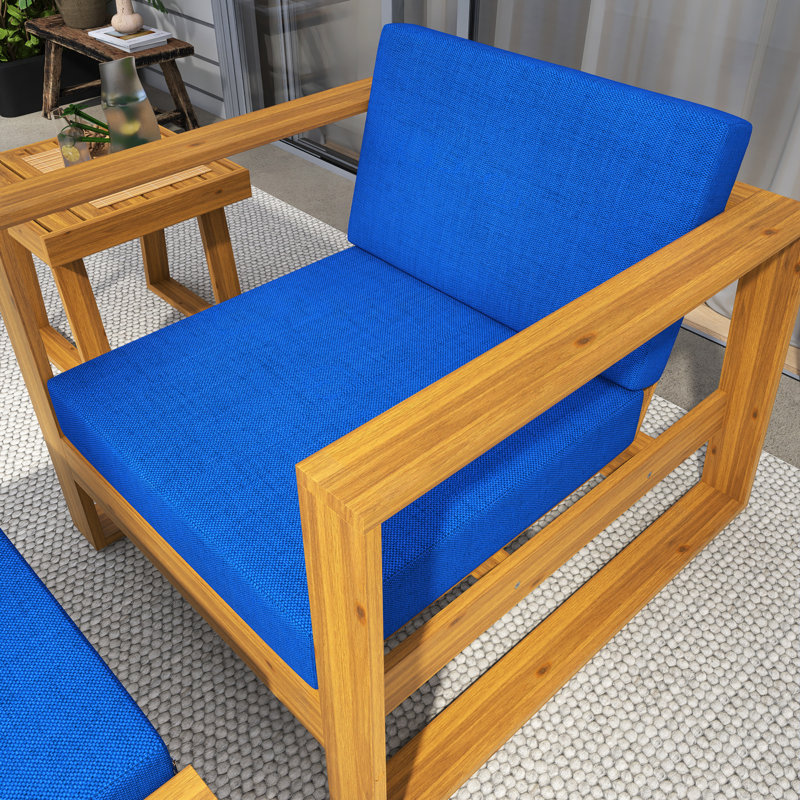 Ensemble de conversation 3 pièces avec canapé et coussins en bois massif, Bleu
