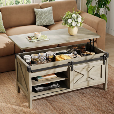Table basse Wynny à plateau relevable avec rangement, table basse en bois de ferme de 39,4 po avec tablette amovible