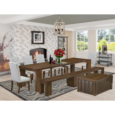 10 Pieces Kitchen Table Set contains an Extendable Rectangle Kitchen Table, 1 Coffee Table, 7 Dining Chairs and 1 Modern Bench, Antique Walnut