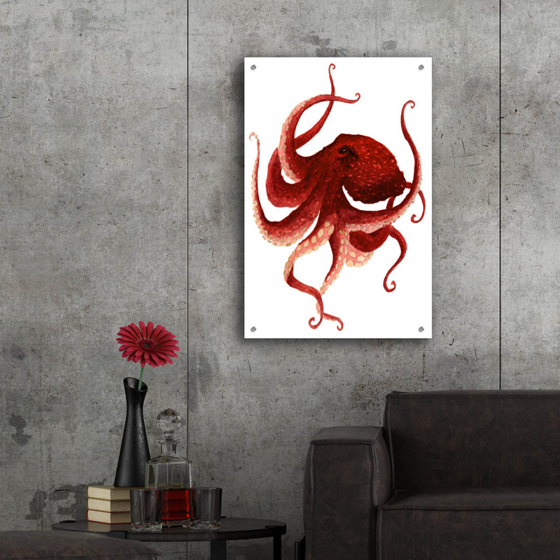 Art mural en verre Breakwater Bay «Giant Pacific Octopus, Red» par Jeannine Saylor, H 36 po x l 24 po x P 0,2 po