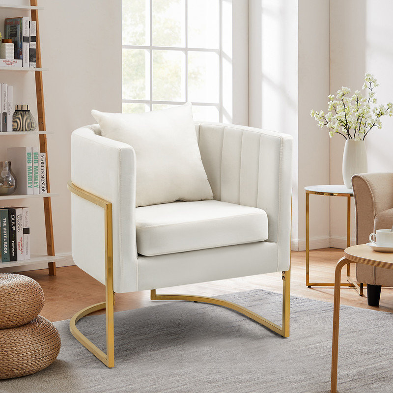Fauteuil d'appoint demi-tonneau en velours avec coussin, Blanc