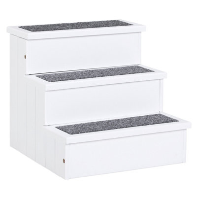 White 3-Tier Fir Wood Pet Stairs with Storage, Non-Slip Carpeted Dog Cat Steps Ramp for Sofa & Bed