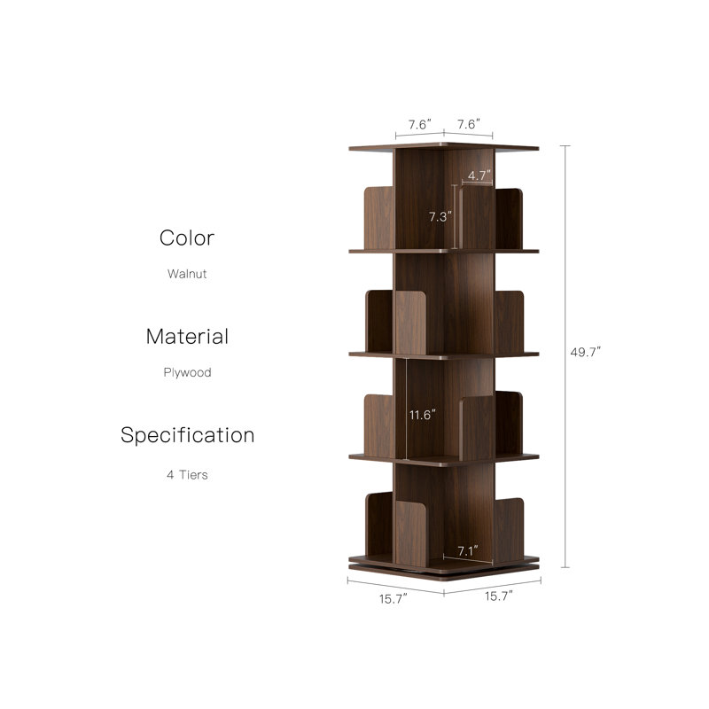 Rotating Bookshelf, 4 Tier Small Bookcase Corner Shelves Display Storage Tower Space-saving Revolving For Small Space Walnut