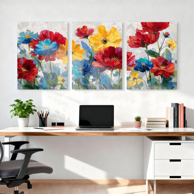 Ensemble de 3 tableaux abstraits floraux sur toile tendue