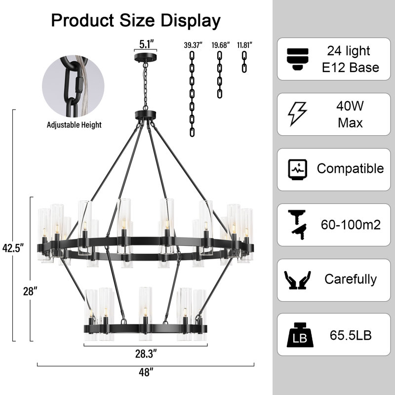 24-lights Chandelier,wagon Wheel Chandelier With Glass Shade, Matte Black