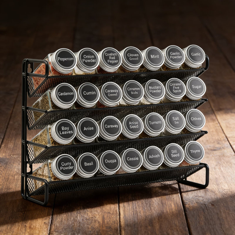 Ensemble complet de rangement à épices avec 28 pots en verre, 386 étiquettes, entonnoir et marqueur à craie - support à 4 niveaux pour armoire, comptoir, garde-manger ou fixation murale