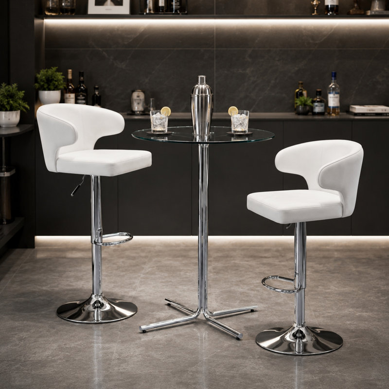Ensemble de table de bar moderne 3 pièces avec 2 tabourets pivotants, table haute en verre trempé et tabourets de bar ajustables en similicuir, ensemble de mobilier de bistro pour cuisine et salon.