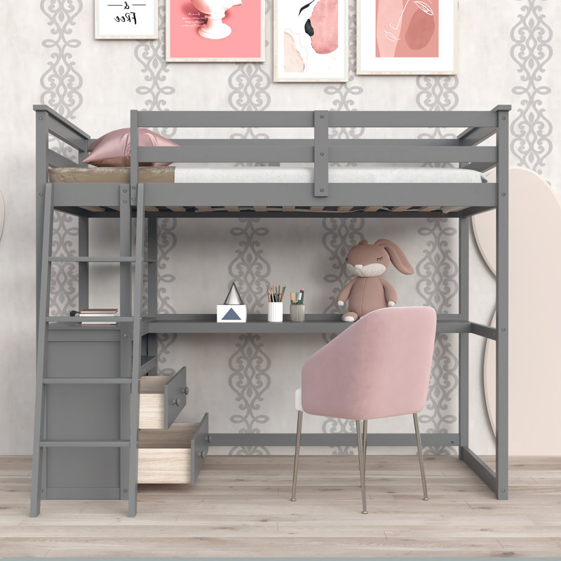 Lit à baldaquin simple avec tablettes Erena par Harriet Bee, gris
