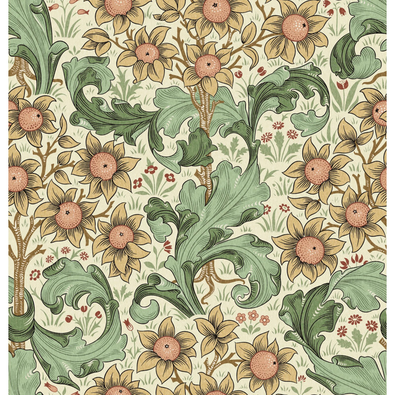 Papier peint vintage vigne tournesol vert sauge et moutarde, Non-Woven Non-Pasted