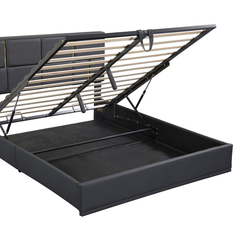 Ensemble de chambre à coucher 2 pièces, lit plateforme tapissier avec système de rangement hydraulique, repose-pieds de rangement avec pieds en métal