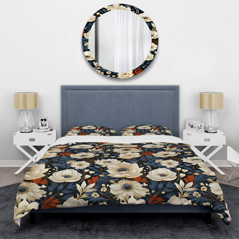 Ensemble de housse de couette floral bleu foncé et blanc Allure Daffodil II, Housse de couette pour très grand lit et 2 très