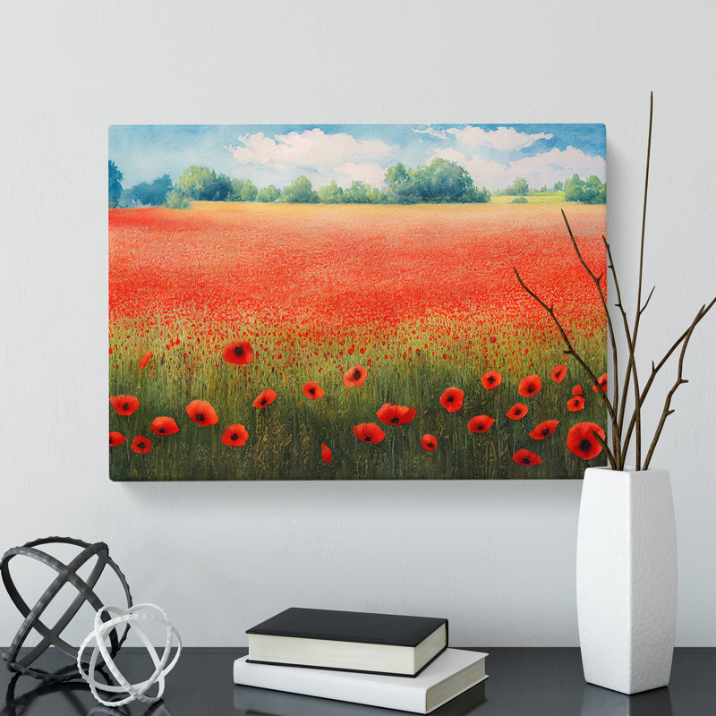 Watercolour Poppy Field Vol.4 - Wrapped Canvas Print, 35cm H x 50cm W x 3cm D