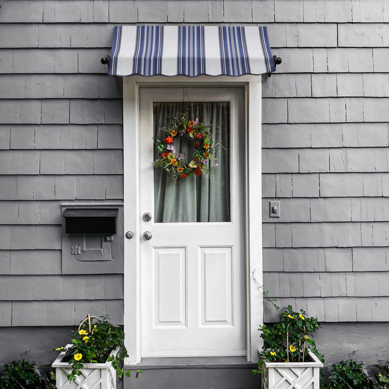 Awntech Charleston Acrylic Fabric Awning with Iron Scroll Arms, 36" H x 40.5" W x 24" D, Navy/Gray/White Multi
