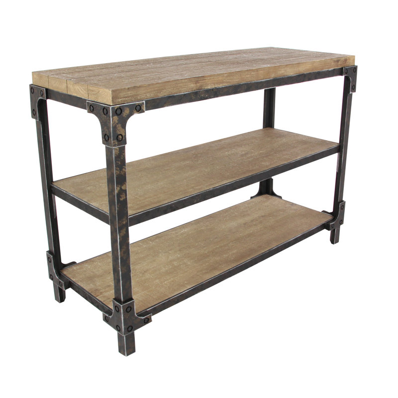 Brown Industrial Wood and Metal 3-Tier Console Table with Storage