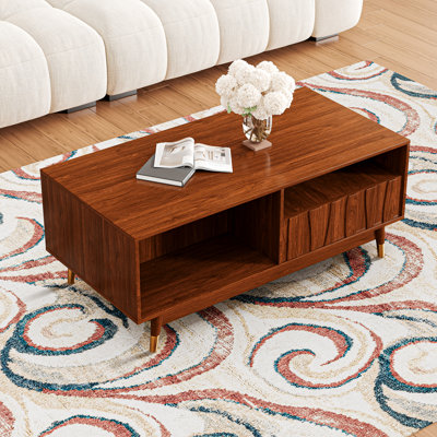 Table basse à finition noyer de 47 po avec rangement, luxueuse table centrale rétro avec tiroir et tablette ouverte pour le salon, table d'appoint Mid-Century moderne pour la maison et le bureau, brun