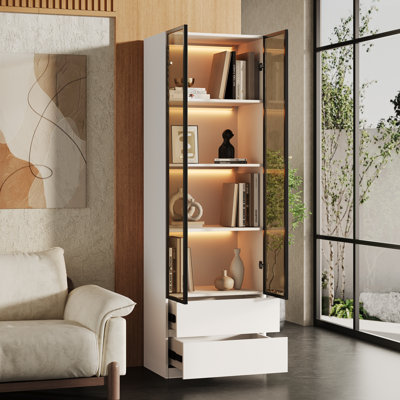 Vitrine moderne en verre avec rangement H, vitrine à 4 niveaux en bois blanc avec portes en verre et 2 tiroirs, étagères en porcelaine pour salon et cuisine