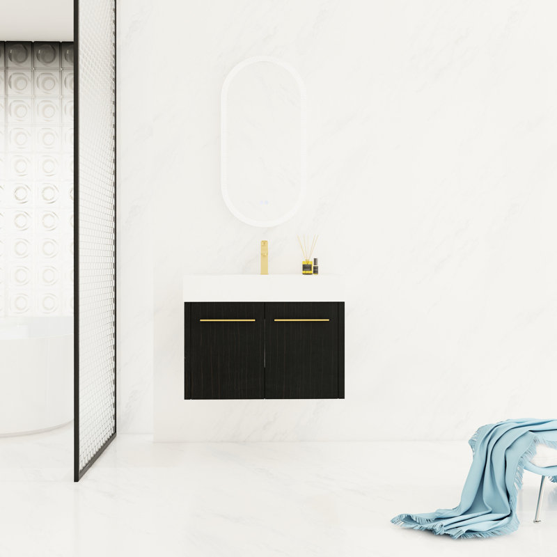 Armoire de salle de bain 30 po, fixation murale de style châtaignier noir, lavabo en résine à bords épais, portes silencieuses, meuble-lavabo 30 po avec lavabo, charnières de porte à fermeture douce, décor contemporain