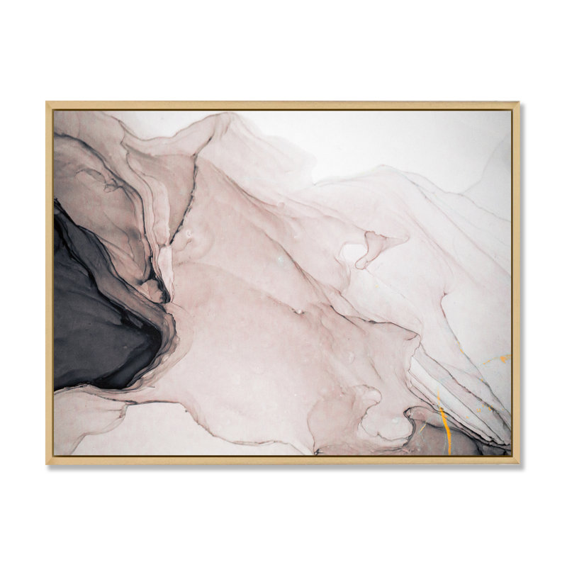 Gris et blanc marbré fluide - art mural moderne sur toile, H 12 po x l 20 po x P 1 po, Toile avec cadre flottant brun