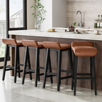 26.2" Brown Upholstered Bar Stools Set of 4 – Low Back, Footrest & Wood Legs for Kitchen Counter or Dining