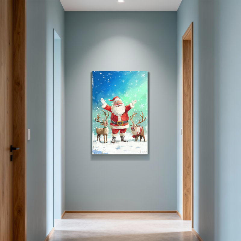 Noël père Noël avec renne dans un paysage enneigé, H 18 po x l 12 po