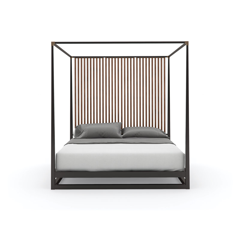 Transitional Queen Platform Canopy Bed with Upholstered Headboard