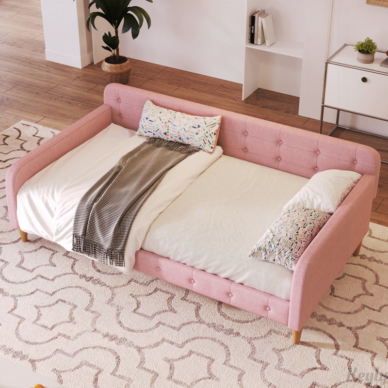 Upholstered Daybed with 4 Support Legs, Pink