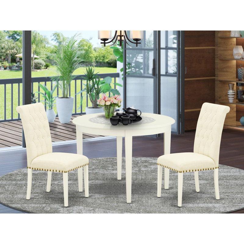L'ensemble de 3 tables de salle à manger modernes comprend une table de cuisine ronde et 2 chaises de salle à manger Parson en tissu beige clair, 42 x 42 pouces, blanc lin