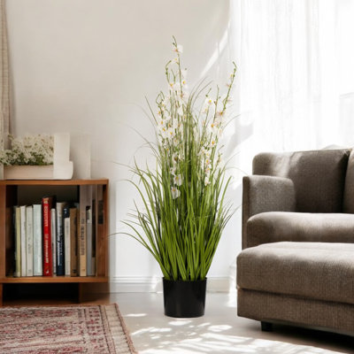 Herbes artificielles mixtes 36 pouces et fleurs d'orchidées en pot noir