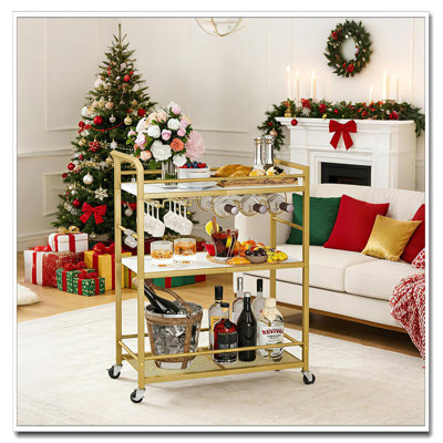 3-Tier Gold Rolling Bar Cart With Wine Rack And Glass Holders, Small Metal Beverage Cart For Kitchen Living Room by Latitude Run