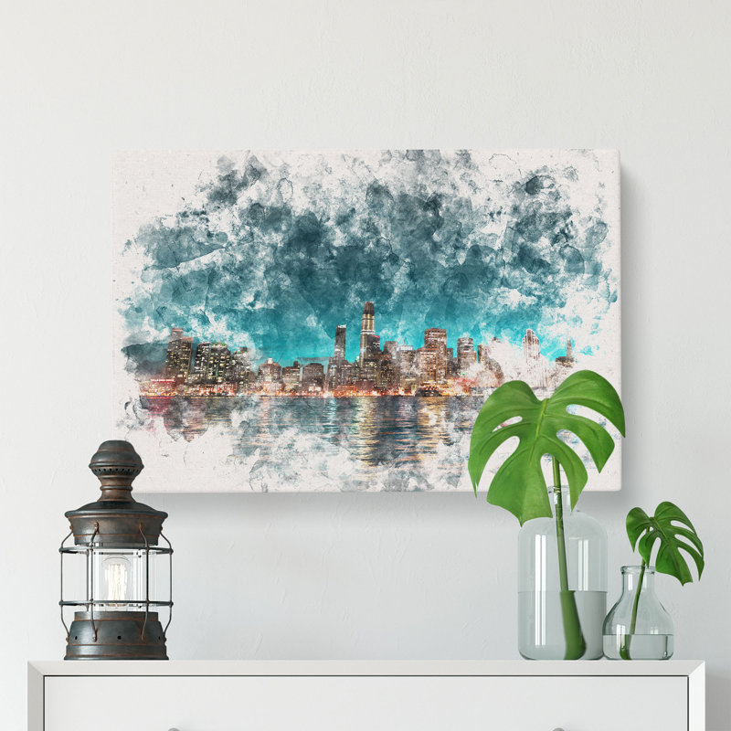 Reflection of the San Francisco Skyline Watercolour - Wrapped Canvas, 35cm H x 50cm W x 3cm D