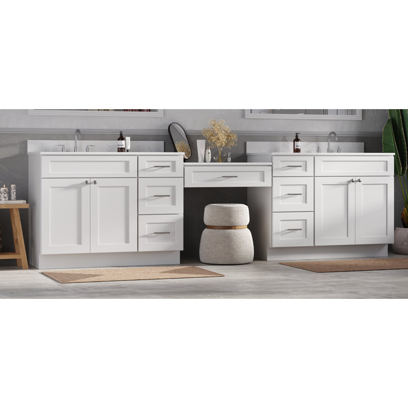 Disar 120" Double Bathroom Vanity With Desk Dovetail Solid Wood Drawer Carrara Quartz Top, White